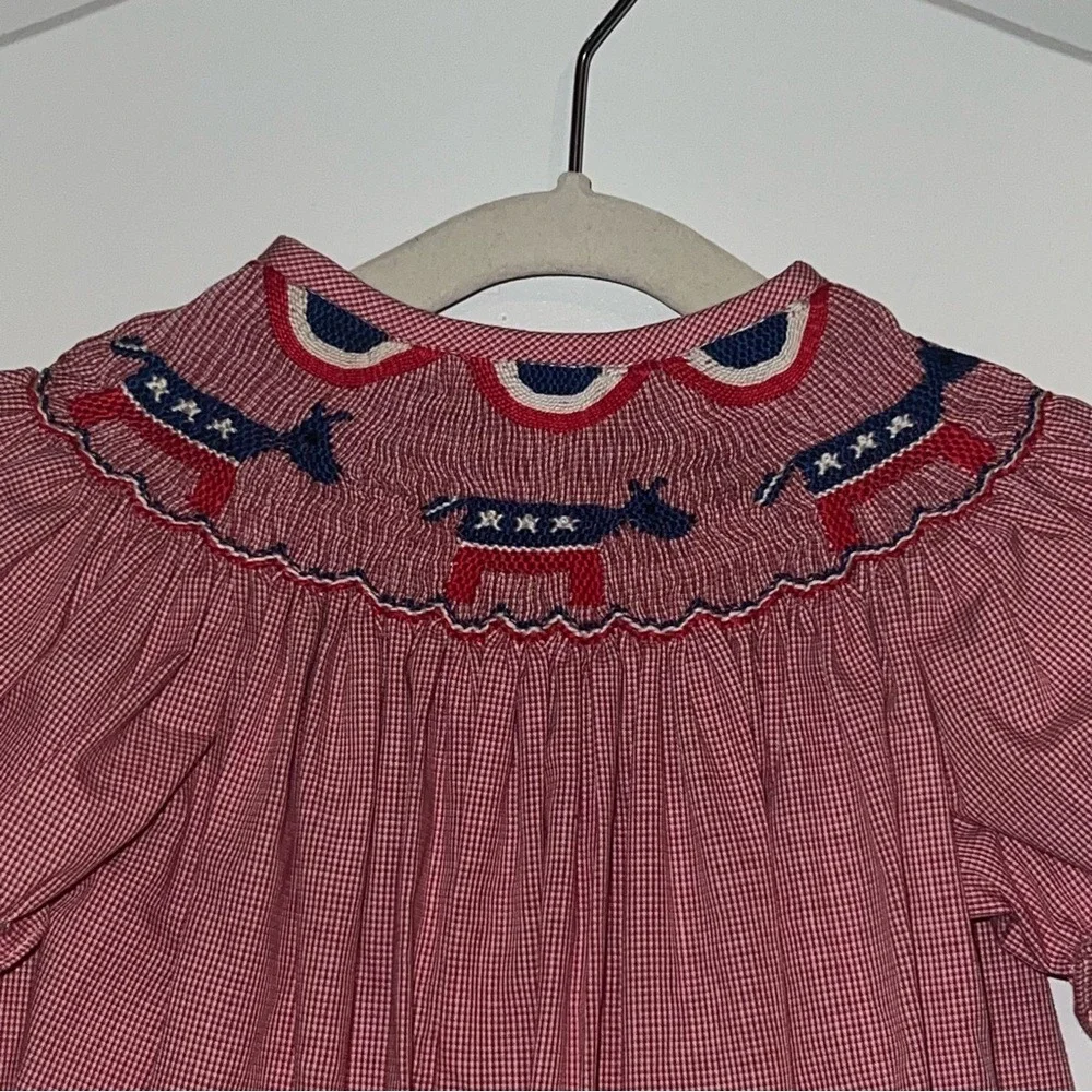Aunt Pollys Baby Girls Red Gingham Smocked Donkey Patriotic Dress Bloomers 9M